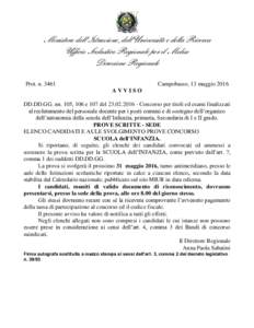 Ministero dell’Istruzione, dell’Università e della Ricerca Ufficio Scolastico Regionale per il Molise Direzione Regionale Prot. nCampobasso, 13 maggio 2016