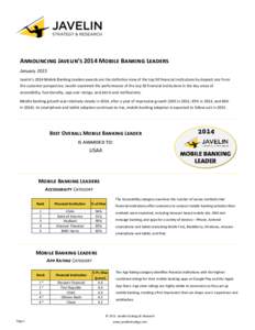 Announcing Javelin’s 2014 Mobile Banking Leaders January 2015 Javelin’s 2014 Mobile Banking Leaders awards are the definitive view of the top 30 financial institutions by deposit size from the customer perspective. J