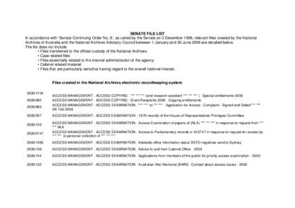 SENATE FILE LIST In accordance with ‘Senate Continuing Order No. 8’, as varied by the Senate on 3 December 1998, relevant files created by the National Archives of Australia and the National Archives Advisory Council