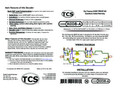 Main Features of this Decoder Our Famous GOOF PROOF NO Questions Asked Warranty Back EMF Load Compensation for superior slow speed control even with heavy loads.