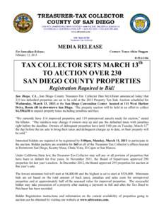 TREASURER-TAX COLLECTOR COUNTY OF SAN DIEGO COUNTY ADMINISTRATION CENTER • 1600 PACIFIC HIGHWAY, ROOM 112 SAN DIEGO, CALIFORNIA[removed] • ([removed] • FAX[removed]www.sdtreastax.com DAN McALLISTER