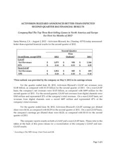 ACTIVISION BLIZZARD ANNOUNCES BETTER-THAN-EXPECTED SECOND QUARTER 2012 FINANCIAL RESULTS Company Had The Top Three Best-Selling Games in North America and Europe For First Six Months of 2012¹ Santa Monica, CA – August