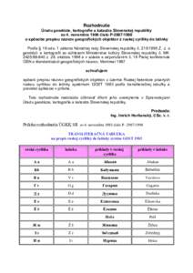 Rozhodnutie Úradu geodézie, kartografie a katastra Slovenskej republiky zo 4. novembra 1998 číslo Po spôsobe prepisu názvov geografických objektov z ruskej cyriliky do latinky Podľa § 18 ods. 1 zákon