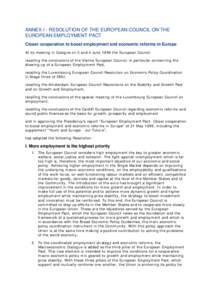 ANNEX I - RESOLUTION OF THE EUROPEAN COUNCIL ON THE EUROPEAN EMPLOYMENT PACT