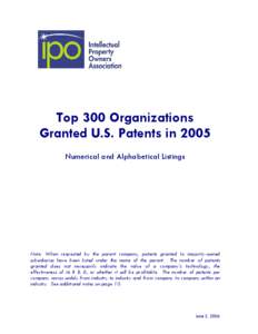 Top 300 Organizations Granted U.S. Patents in 2005 Numerical and Alphabetical Listings Note: When requested by the parent company, patents granted to majority-owned subsidiaries have been listed under the name of the par