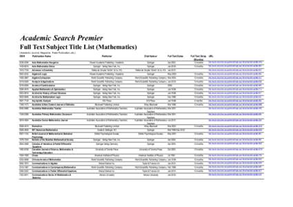 Academic Search Premier Full Text Subject Title List (Mathematics) (Academic Journal, Magazine, Trade Publication, etc.) ISSN