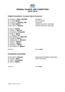FEDERAL COUNCIL AND COMMITTEES[removed]Federal Councillors [includes Federal Executive] Dr Richard J. Olive, AM RFD Dr P. Hugo Sachs Dr Terence K. Pitsikas, AM