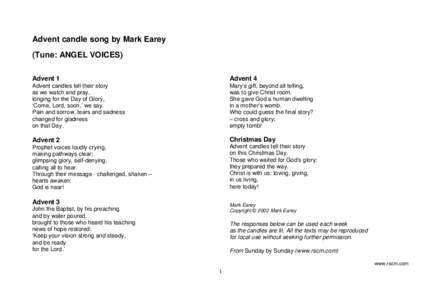 Advent candle song by Mark Earey (Tune: ANGEL VOICES) Advent 1 Advent 4