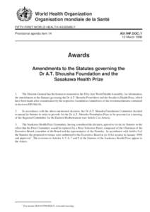 World Health Organization Organisation mondiale de la Santé FIFTY-FIRST WORLD HEALTH ASSEMBLY Provisional agenda item 14  A51/INF.DOC./1