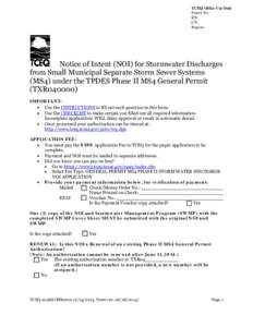 Notice of Intent (NOI) for Stormwater Discharges from Small Municipal Separate Storm Sewer Systems (MS4) under TPDES Phase II MS4 General Permit (TXR040000)