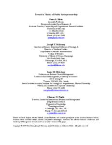 Toward a Theory of Public Entrepreneurship Peter G. Klein Associate Professor, Division of Applied Social Sciences, & Associate Director, Contracting and Organizations Research Institute
