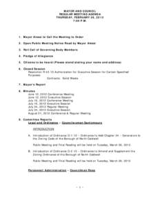 MAYOR AND COUNCIL REGULAR MEETING AGENDA THURSDAY, FEBRUARY 26, 2013 7:00 P.M.  1. Mayor Alessi to Call the Meeting to Order