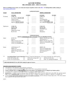 ACCOUNTING BBA DEGREE (2013 – 2014 CATALOG) Prior to enrolling in any course, you must meet all pre-requisites (refer to the[removed]Undergraduate online catalog at http://catalog.radford.edu/). LOWER DIVISION YEAR