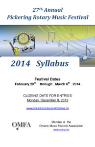 27th Annual Pickering Rotary Music Festival 2014 Syllabus Festival Dates February 20th