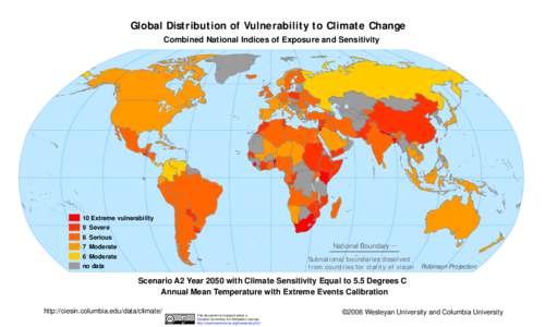 Global Distribution of Vulnerability to Climate Change Combined National Indices of Exposure and Sensitivity 10 Extreme vulnerability 9 Severe 8 Serious