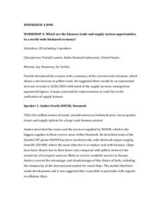 WEDNESDAY 4 JUNE WORKSHOP A: Which are the biomass trade and supply system opportunities in a world-wide biobased economy? Attendees: 28 including 4 speakers. Chairperson: Patrick Lamers, Idaho National Laboratory, Unite