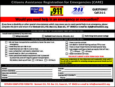 Lamoille County Citizens Assistance Registration for Emergencies (CARE) Sheriff’s Dept.  QUESTIONS?