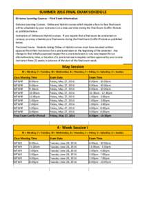 SUMMER 2016 FINAL EXAM SCHEDULE Distance Learning Courses – Final Exam Information Distance Learning Courses: Online and Hybrid courses which require a face-to-face final exam will be scheduled by your instructors on a