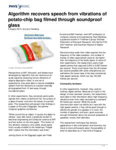 Algorithm recovers speech from vibrations of potato-chip bag filmed through soundproof glass