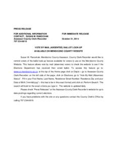 PRESS RELEASE FOR ADDITIONAL INFORMATION CONTACT: SUSAN M. RANOCHAK Assessor-County Clerk-Recorder[removed]