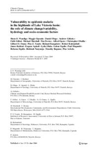 Climatic Change DOIs10584Vulnerability to epidemic malaria in the highlands of Lake Victoria basin: the role of climate change/variability,