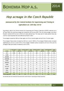 2014  BOHEMIA HOP A.S. Hop acreage in the Czech Republic (announced by the Central Institute for Supervising and Testing in