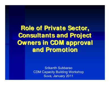 Role of Private Sector, Consultants and Project Owners in CDM approval and Promotion Srikanth Subbarao CDM Capacity Building Workshop