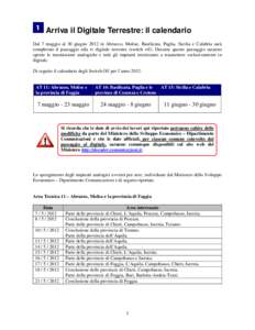 Arriva il Digitale Terrestre: il calendario Dal 7 maggio al 30 giugno 2012 in Abruzzo, Molise, Basilicata, Puglia, Sicilia e Calabria sarà completato il passaggio alla tv digitale terrestre (switch off). Durante questo 