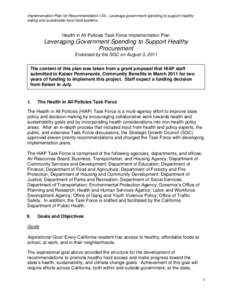 Implementation Plan for Recommendation I.E4., Leverage government spending to support healthy eating and sustainable local food systems. Health in All Policies Task Force Implementation Plan  Leveraging Government Spendi