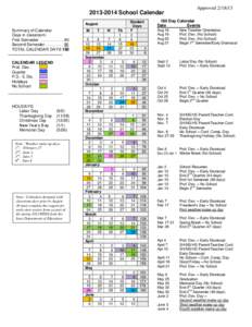 [removed]School Calendar August Summary of Calendar Days in classroom: First Semester . . . . . . . . . . 90