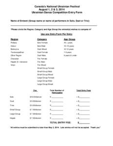 Canada’s National Ukrainian Festival August 1, 2 & 3, 2014 Ukrainian Dance Competition Entry Form Name of Entrant (Group name or name of performers in Solo, Duet or Trio):  *Please circle the Region, Category and Age G