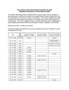 The Hawai’i State Department of Health (DOH) is urging Hawai’i island residents to take precautionary measures due to elevated levels of sulfur dioxide (SO2)