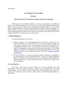 [removed]LAW LIBRARY OF CONGRESS FRANCE TRANSLATION OF NATIONAL LEGISLATION INTO ENGLISH