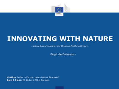 INNOVATING WITH NATURE - nature-based solutions for Horizon 2020 challenges Birgit de Boissezon Meeting: Water in Europe: green tape or blue gold Date & Place: 25-26 June 2014, Brussels