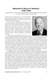 Memorial To Bruce B. Hanshaw 1930–1998 JACK H. MEDLIN, DALLAS PECK, JOHN KEITH, EUGENE ROBINSON, BLAIR JONES U.S. Geological Survey, Reston, Virginia[removed]The geoscience community lost a very valued friend, colleague,