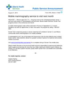 Public Service Announcement Follow AHS_Media on Twitter August 21, 2014  Mobile mammography service to visit next month