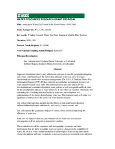 WATER RESOURCES RESEARCH GRANT PROPOSAL Title: Analysis of Water Use Trends in the United States: [removed]Focus Categories: WU, COV, MOD Keywords: Weather Demand, Water Use Data, Statistical Models, Data Sources Durati