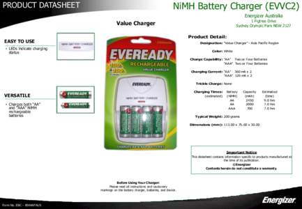 PRODUCT DATASHEET  NiMH Battery Charger (EVVC2) Energizer Australia  1 Figtree Drive