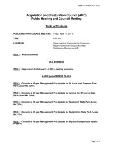 Table of Contents: April[removed]Acquisition and Restoration Council (ARC) Public Hearing and Council Meeting Table of Contents PUBLIC HEARING/COUNCIL MEETING: