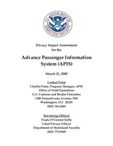 Privacy Impact Assessment for the Advance Passenger Information System, March 21, 2005