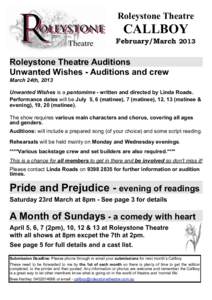 Roleystone Theatre  CALLBOY February/MarchRoleystone Theatre Auditions