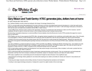 Gary Mason and Todd Gentry: KTEC generates jobs, dollars here at home | Wichita Opinion - Wichita Editorial | Wichita Eagle  Page 1 of 2 Back to web version