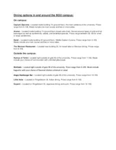 Dining options in and around the BGU campus: On campus: Capiyot (Spoons) –Located inside building 70 (ground floor). the main cafeteria of the university. Prices range from 6-12$. Meals include one main course and two 