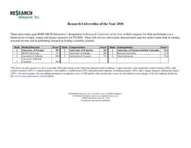 Research Universities of the Year 2010 Three universities gain RE$EARCH Infosource’s designation of Research University of the Year in their category for their performance on a balanced set of input, output and impact 