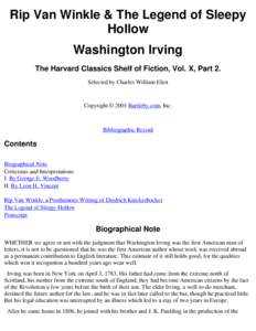 Rip Van Winkle & The Legend of Sleepy Hollow Washington Irving The Harvard Classics Shelf of Fiction, Vol. X, Part 2. Selected by Charles William Eliot