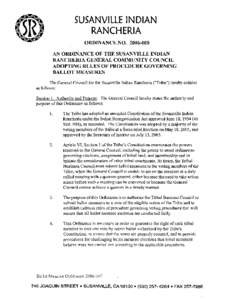 SUSANVILLE INDIAN RANCHERIA ORDINANCE NO[removed]AN ORDINANCE OF THE SUSANVILLE INDIAN RANCHERIA GENERAL COMMUNITY COUNCIL ADOPTING RULES OF PROCEDURE GOVERNING