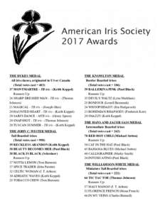 THE DYKES MEDAL All iris classes, originated in US or Canada (Total votes cast = MONTMARTRE - TB iris - (Keith Keppel) Runners Up: 24 SHARP DRESSED MAN - TB iris - (Thomas