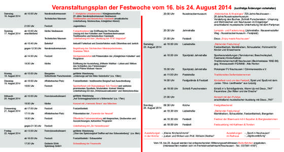 Veranstaltungsplan der Festwoche vom 16. bis 24. August 2014 Samstag 16. August 2014 ab 10:00 Uhr