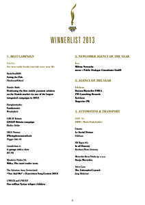 2013  WINNERLISTBEST CAMPAIGN  2. NEWCOMER AGENCY OF THE YEAR