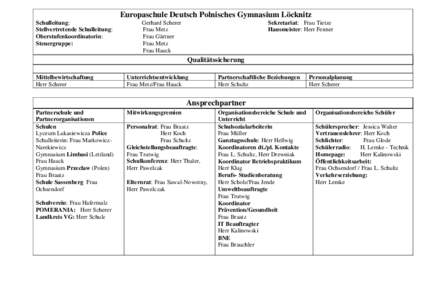 Europaschule Deutsch Polnisches Gymnasium Löcknitz Schulleitung: Stellvertretende Schulleitung: Oberstufenkoordinatorin: Steuergruppe:
